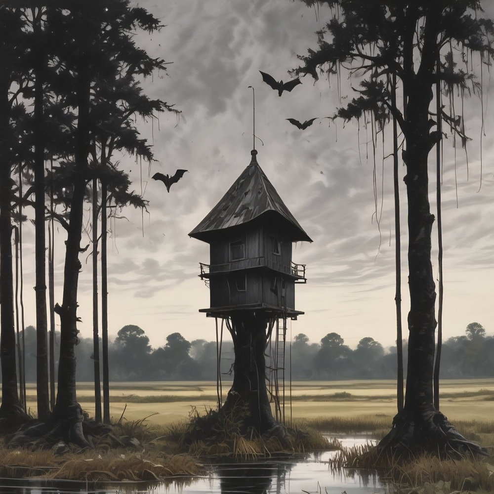 Mystical Black and Gray Treehouse Art Print